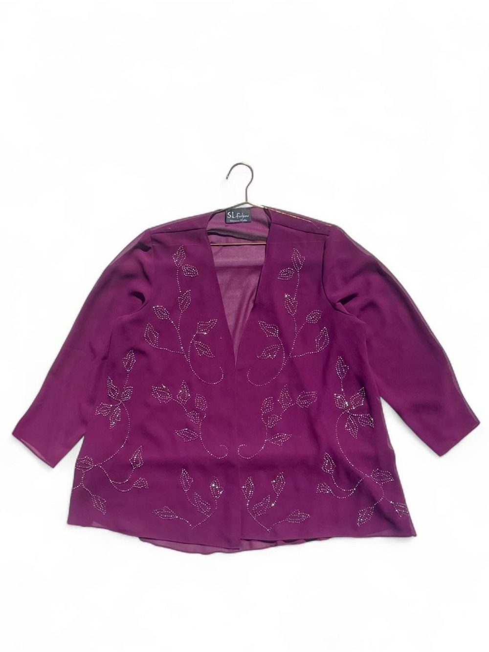 Vintage 90s Purple Beaded Sheer Open Front Cardigan Jacket Petite Floral